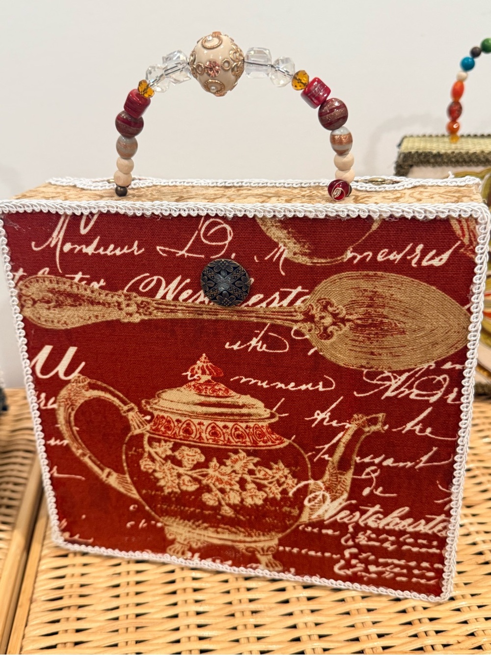 Handmade Red Teapot Print Beaded Handle Box Bag